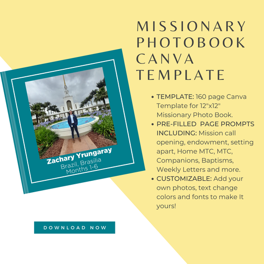 Digital Download- Customizable LDS Missionary Photobook Canva Template. (Digital Download) for a 12”x12”  BLUES Memory Book