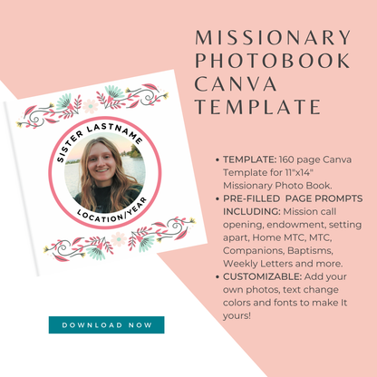 Digital Download- Completely Customizable LDS Missionary Photobook Canva Template. for a 12”x12” Memory Book for Sisters in Rosette.