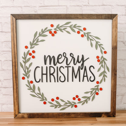 Merry Christmas Wreath Laser Cut Wood Sign