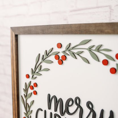 Merry Christmas Wreath Laser Cut Wood Sign