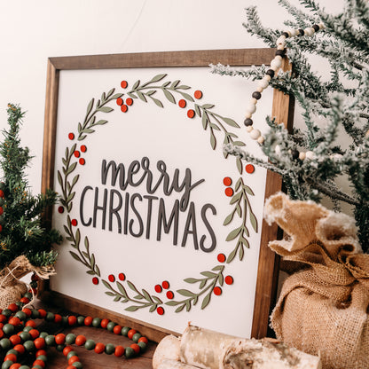 Merry Christmas Wreath Laser Cut Wood Sign