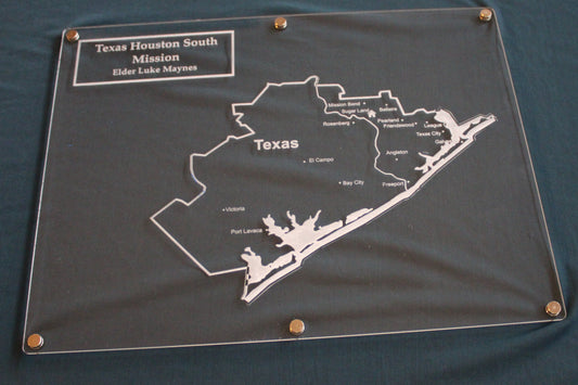 Laser engraved LDS Mission map track your missionary's progress on an acrylic dry erase board. Actual mission boundaries.